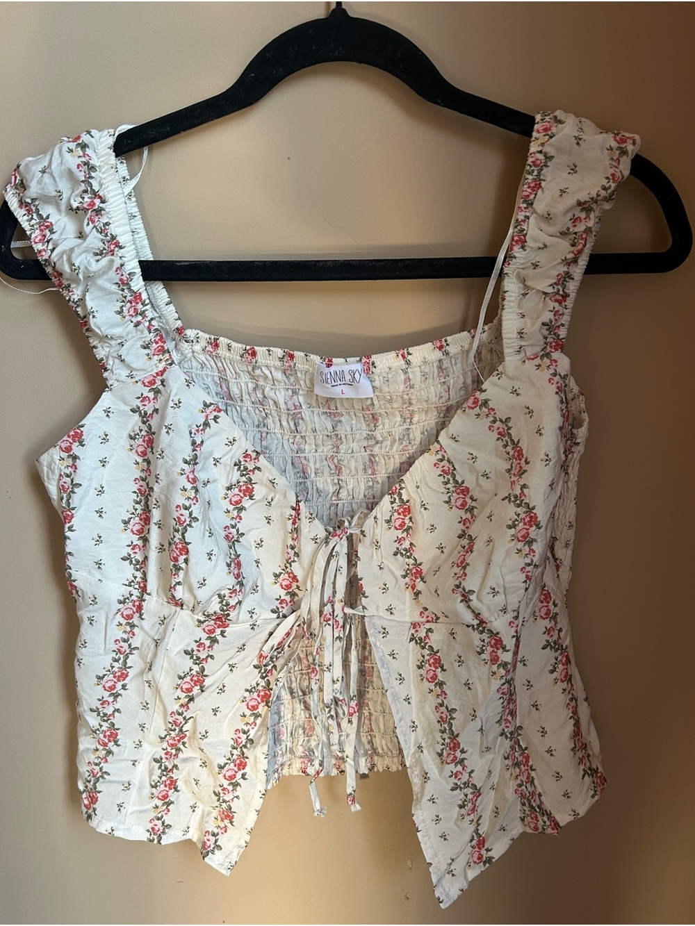 Sienna Sky Cream Floral Tie-Front tank with Pink Rose Print